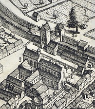 Karmelitenkloster in Ravensburg (Ausschnitt in Matthäus Merian: Topographia Sueviae, 1643) / Baukomplex Landgericht (ehem. Karmeliterkloster) in 88212  Ravensburg