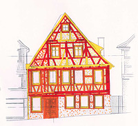 Ansicht von Süden mit Kartierung der wichtigsten Bauphasen (rot 17., orange 19., gelb 20. Jahrhundert, J. Gromer) / Wohn- und Geschäftshaus in 71522 Backnang