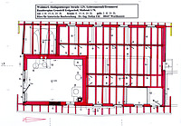 Baualtersplan, EG (Originalsubstanz - rot - hat sich im Erdgeschoss noch weitestgehend erhalten), links unten der ummauerte Brennereiraum, an diesen nach oben anschließend der große Backofen, der restliche (rechte) Bereich nimmt die Stallungen auf / Brennerei und Schweinestall in 88682 Weildorf (S. Uhl)