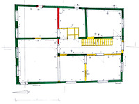 Baualtersplan Grundriß 2. Obergeschoß.
Der originale Fachwerkbestand der Kernbauphase von 1667 (im Baualtersplan grün dargestellt) hat sich im zweiten Obergeschoß noch sehr umfangreich erhalten. An straßenseitige große Wohnräume (links) schließen sich rückwärtig ein schmaler Mittellängsflur und seitliche Einzelräume an. / Wohn- und Geschäftshaus in 88512 Mengen (01.12.2015 - Stefan Uhl) Baualtersplan Grundriß 2. Obergeschoß.
Der originale Fachwerkbestand der Kernbauphase von 1667 (im Baualtersplan grün dargestellt) hat sich im zweiten Obergeschoß noch sehr umfangreich erhalten. An straßenseitige große Wohnräume (links) schließen sich rückwärtig ein schmaler Mittellängsflur und seitliche Einzelräume an. / Wohn- und Geschäftshaus in 88512 Mengen (01.12.2015 - Stefan Uhl)