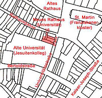 Ausschnitt Katasterplan (vor 1945) mit Kennzeichnung des Baukomplexes / sog. ehemaliges "Ratsstüble" Baukomplex Universitätsstraße 2-6/Rathausgasse 16 in 79098 Freiburg, Altstadt Ausschnitt Katasterplan (vor 1945) mit Kennzeichnung des Baukomplexes / sog. ehemaliges "Ratsstüble" Baukomplex Universitätsstraße 2-6/Rathausgasse 16 in 79098 Freiburg, Altstadt