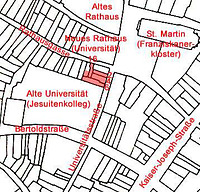 Ausschnitt Katasterplan (vor 1945) mit Kennzeichnung des Baukomplexes / sog. ehemaliges "Ratsstüble" Baukomplex Universitätsstraße 2-6/Rathausgasse 16  in 79098 Freiburg, Altstadt
