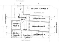 Lageplan (2. OG) des Baukomplexes mit Kennzeichnung der vier Parzellen A-D  / sog. ehemaliges "Ratsstüble" Baukomplex Universitätsstraße 2-6/Rathausgasse 16  in 79098 Freiburg, Altstadt (02.12.2015 - Plangrundlage: Duffner/Hungerer)