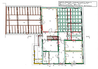 Baualtersplan Obergeschoß. Rechts der Kernbau von 1720 mit der großen Stube oben rechts, daran nach unten anschließend schmaler Querflur, und im unteren Drittel des Hauses schmaler Stichflur mit je zwei seitlichen Räumen. Oben links Dachwerk des Saalanbaues der 1920er Jahre. / Gasthaus zum Adler in 72514, Engelswies (01/2017 - Stefan Uhl)