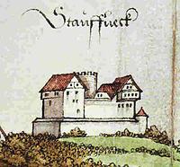 Staufeneck aus dem Filstalpanorama von 1534/35. / Palas, Burg Staufeneck in 73084 Salach, Staufeneck