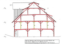 Querschnitt.
Die ursprüngliche Konstruktion (rot) ist noch praktisch vollständig erhalten. Über den großen Trockenhallen des Erd- und Obergeschosses befindet sich ein dreigeschossiges Satteldach, das im Inneren ebenfalls komplett für Trockenzwecke genutzt wurde. An der südlichen Traufseite (links) befindet sich ein großes Zwerchhaus für Aufzugszwecke. Im ersten Obergeschoß wurden nachträglich (modern) drei Stützachen eingezogen, um die nur sehr schwach dimensionierte ursprüngliche Holzkonstruktion zu stabilisieren. / Haartrockenschuppen der Gerberei Hermann Kolesch (abgegangen) in 88400 Biberach an der Riß (01/2017 - Stefan Uhl) Querschnitt.
Die ursprüngliche Konstruktion (rot) ist noch praktisch vollständig erhalten. Über den großen Trockenhallen des Erd- und Obergeschosses befindet sich ein dreigeschossiges Satteldach, das im Inneren ebenfalls komplett für Trockenzwecke genutzt wurde. An der südlichen Traufseite (links) befindet sich ein großes Zwerchhaus für Aufzugszwecke. Im ersten Obergeschoß wurden nachträglich (modern) drei Stützachen eingezogen, um die nur sehr schwach dimensionierte ursprüngliche Holzkonstruktion zu stabilisieren. / Haartrockenschuppen der Gerberei Hermann Kolesch (abgegangen) in 88400 Biberach an der Riß (01/2017 - Stefan Uhl)