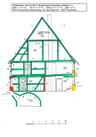 Baualtersplan des Querschnittes. Die Fachwerkkonstruktion des Ursprungsbaues von 1659 (grün) hat sich im Querschnitt noch sehr umfangreich erhalten. Unten ein in den Bundständern geschoßübergreifend abgezimmertes Fachwerkgerüst, darüber ein zweigeschossiges Dachwerk mit verblattetem stehenden Dachstuhl. / Bauernhaus in 88499 Riedlingen-Pflummern (12.05.2018 - Stefan Uhl) Baualtersplan des Querschnittes. Die Fachwerkkonstruktion des Ursprungsbaues von 1659 (grün) hat sich im Querschnitt noch sehr umfangreich erhalten. Unten ein in den Bundständern geschoßübergreifend abgezimmertes Fachwerkgerüst, darüber ein zweigeschossiges Dachwerk mit verblattetem stehenden Dachstuhl. / Bauernhaus in 88499 Riedlingen-Pflummern (12.05.2018 - Stefan Uhl)