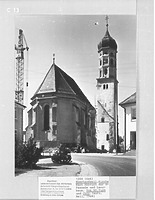 Ansicht von Nordosten, nach Abbruch des Langhauses und der Westfassade / Kath. Pfarrkirche St. Margarete in 88436 Eberhardzell (1968 - LAD Baden-Württemberg, Außenstelle Tübingen)