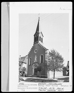 Ansicht der südewstlichen Giebelseite / Kath. Kirche St. Blasius in 78234 Engen-Neuhausen (1952 - LAD Baden-Württemberg, Außenstelle Freiburg)