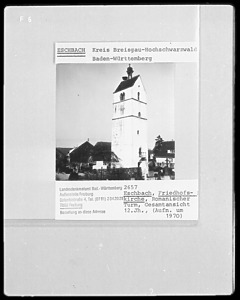 Romanischer Turm auf dem Eschbacher Friedhof. / Ehem. Kirche St. Agnes, heute Friedhofskapelle und Turm in 79427 Eschbach (1970 - LAD Baden-Württemberg, Außenstelle Freiburg)