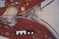 Befund am Feuerbock rechts: modern ausgemauerte Gefache / Altes Rathaus in 74249 Jagsthausen (03.08.2020 - Ferdinand M. Schäfer; SCHÄFER.PARTNER PartG Architektur.Städtebau.Denkmalpflege)