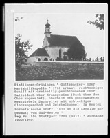 Ansicht von Süden / Friedhofskapelle St. Jakob d. Ä. u. Maria in 88499 Riedlingen, Grüningen (1900/1940 - LAD Baden-Württemberg, Außenstelle Tübingen) Ansicht von Süden / Friedhofskapelle St. Jakob d. Ä. u. Maria in 88499 Riedlingen, Grüningen (1900/1940 - LAD Baden-Württemberg, Außenstelle Tübingen)