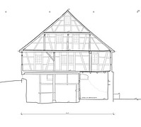 Querschnitt durch den Südflügel / Fachwerkgebäude an der Südseite der Hofanlage in 72574 Bad Urach - Seeburg, Hofgut Uhenfels Querschnitt durch den Südflügel / Fachwerkgebäude an der Südseite der Hofanlage in 72574 Bad Urach - Seeburg, Hofgut Uhenfels