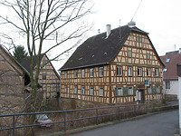 Nordansicht des Anwesens mit Gasthaus und zwei Scheunen (2008) / Gasthaus Ochsen in 74206 Bad Wimpfen - Hohenstadt