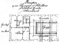 ehem. Synagoge, historischer Plan, Grundriss, EG,
Urheber: Reidel, Friedrich (Architekt) / ehem. Synagoge mit Badehaus in 69502 Hemsbach ehem. Synagoge, historischer Plan, Grundriss, EG,
Urheber: Reidel, Friedrich (Architekt) / ehem. Synagoge mit Badehaus in 69502 Hemsbach