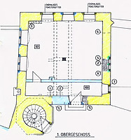 Sog. Kommandantenhaus, „Popposches Schlößchen“, Bauphasenplan, Grundriss, 1. OG
Quelle: Säubert/Lorenz (Karlsruhe) / sog. Kommandantenhaus, „Popposches Schlößchen“  in 69151 Neckargmünd-Dilsberg