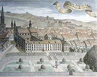 Stich des Freiburger Augustinerklostesr von Süden um 1730, rechts daneben das schmale Haus „zum kleinen Kameltier“ / Haus "Zum Kleinen Kameltier" in 79098 Freiburg, Altstadt