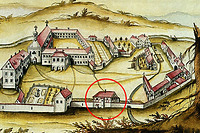 Klosteransicht nach 1755 (Detail), kolorierte Federzeichnung, in: Klosterchronik Gutenzell / Ehem. Kanlzei des Oberamtmannes in 88484 Gutenzell-Hürbel (10.03.1770 - Klosterchronik Gutenzell)