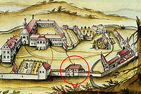 Klosteransicht nach 1755 (Detail), kolorierte Federzeichnung, in: Klosterchronik Gutenzell / Ehem. Kanlzei des Oberamtmannes in 88484 Gutenzell-Hürbel (10.03.1770 - Klosterchronik Gutenzell) Klosteransicht nach 1755 (Detail), kolorierte Federzeichnung, in: Klosterchronik Gutenzell / Ehem. Kanlzei des Oberamtmannes in 88484 Gutenzell-Hürbel (10.03.1770 - Klosterchronik Gutenzell)